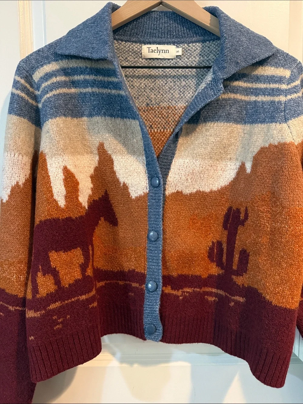 NWOT Scenic Desert Horse Button-Front Sweater Jacket - Rust, Blue, Cream
